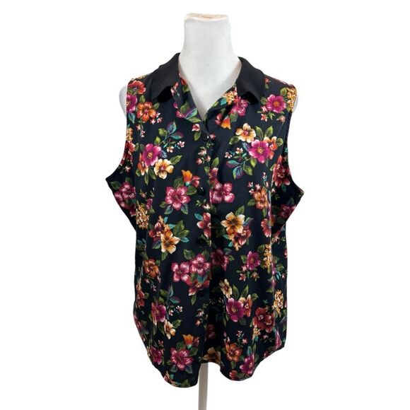 Vintage Cristin Stevens Black and Floral Sleeveless Button Down Blouse‎ Large - Picture 3 of 11
